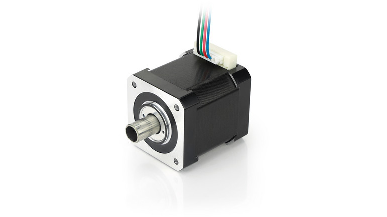 NEMA 17 hollow-shaft stepper motor with second shaft end and many options: encoders and motor controllers /drives. High torque. See also custom solutions